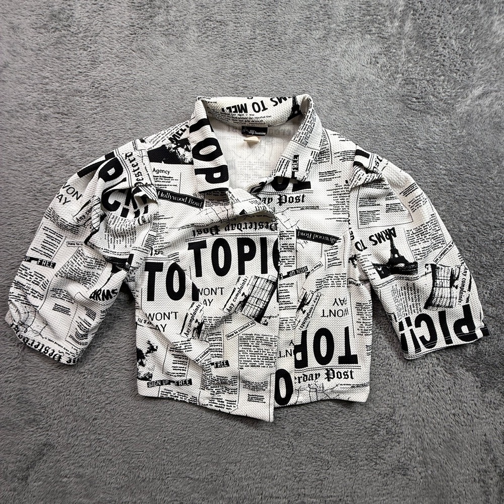 NY Invasion Y2K Newspaper Print Crop Jacket Womens M Black White Grunge
